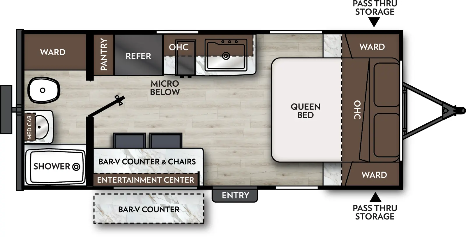 The Apex Nano 181RB floorplan has one entry and zero slide outs. Exterior features include: fiberglass exterior. Interiors features include: front bedroom and rear bathroom.